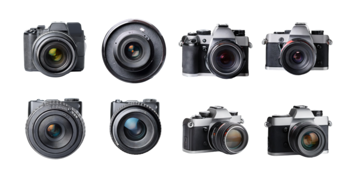 Various Camera Models and Lenses Overview, PNG collection, set bundle, isolate on transparent or white background