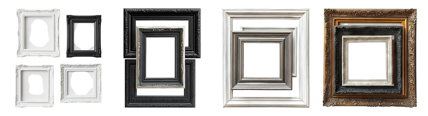 Four Unique Picture Frames in Various Styles and Colors, PNG bundle collection, Isolated on Transparent Background
