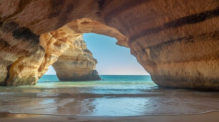 A beach with a large rock formation