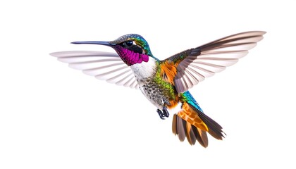 Hummingbird in flight showcasing its vibrant plumage against a clean background