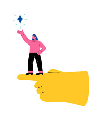 Business woman standing on huge human hand. Achieving goal concept. Flat vector illustration isolated on white background
