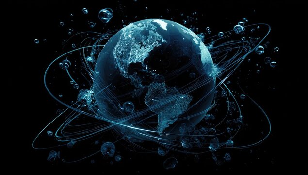 Earth surrounded by swirling, ethereal energy and water droplets