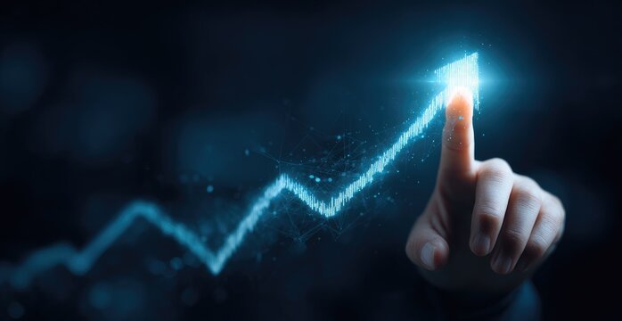 Hand pointing at a glowing upward trend graph - Powered by Adobe