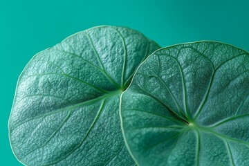 Obraz premium Close-up view of two vibrant teal leaves.