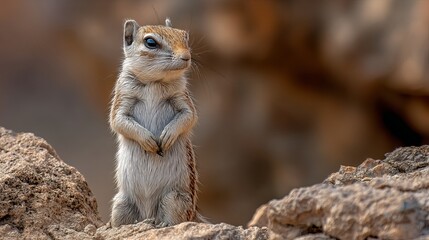 Curious squirrel standing on a rock, showcasing its bushy tail and alert expression.