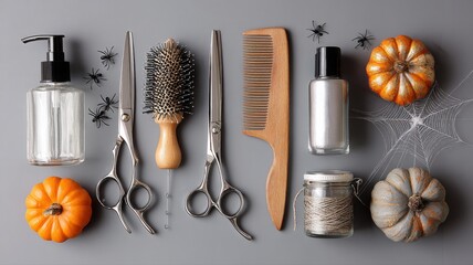 Flat lay of a hairstylist's tools (scissors with accents