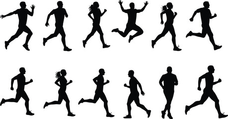 Silhouette set of runners in motion, athletic poses, jogging, sprinting, exercising, fitness activity vector design, healthy lifestyle, black illustration
