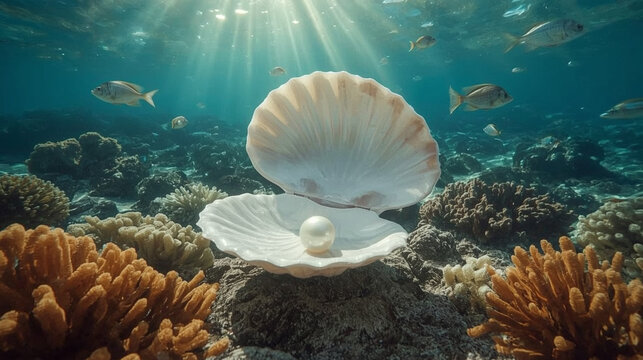 Underwater scene of elegant open seashell with pearl surrounded by coral reefs