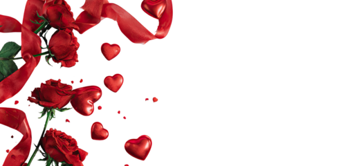 Red roses and hearts cascading on a black background