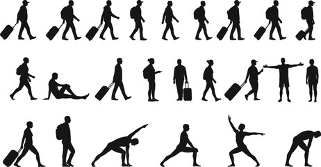 Silhouette walking, exercising, backpacking, traveling, yoga poses, luggage, motion activity icons, black, white, vector people, lifestyle illustration