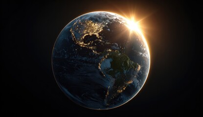 Earth, lit by sunrise, in space