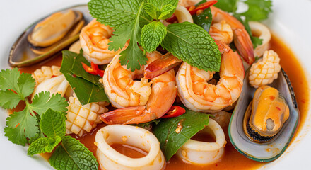 A plate of spicy salad seafood .