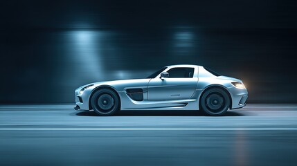 A sleek sports car in motion, showcasing speed and dynamic lighting on a simple road.