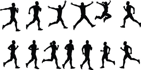 Silhouettes of athletes jumping, running, exercising, showcasing strength and energy, active fitness movement vector illustration, isolated black design elements