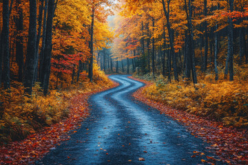 Obraz premium Fall leaves cover a road in the woods.