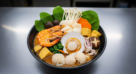 A bowl of sukiyaki with mixed seafood on a stainless table
