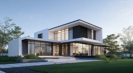 Modern, contemporary house with clean lines, glass, and white exterior, nestled in landscaped grounds