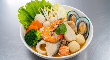 A bowl of sukiyaki with mixed seafood on a stainless table
