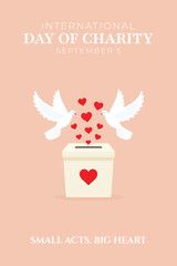 Charity Day Poster with Doves and Donation Box in Minimal Flat Style.