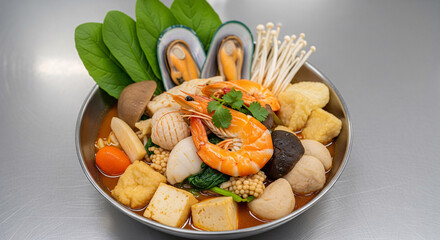 A bowl of shabu with mix seafood.