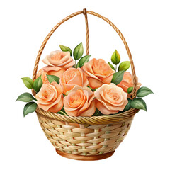 Peach roses in a woven basket isolated on transparent background