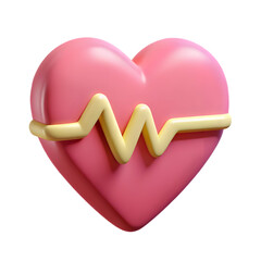 Pink 3d heart with yellow heartbeat line isolated on transparent background