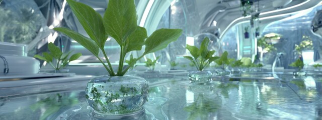  interior of a futuristic hydroponic farm inside a space station, plants floating weightlessly in transparent nutrient-filled pods banner 