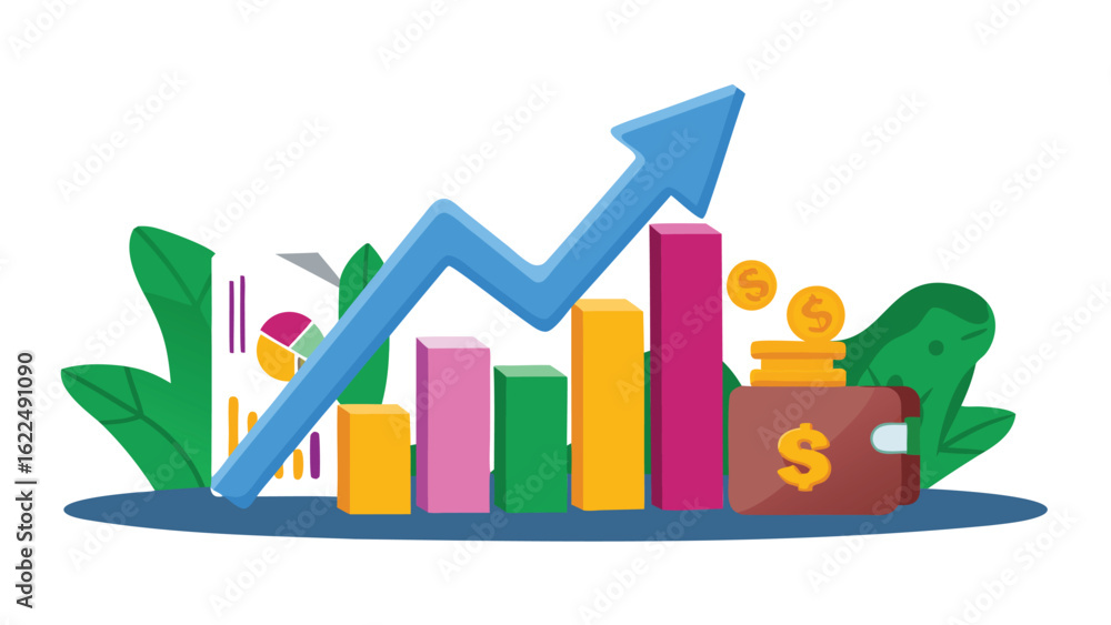 Aufkleber illustration of a bar graph with an upward trending arrow and a wallet with coins around it