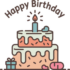 A cute cartoon illustration of a two-tiered birthday cake with a lit candle, gift box, and 