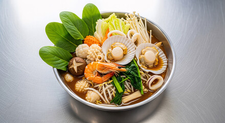 A bowl of shabu with mix seafood.