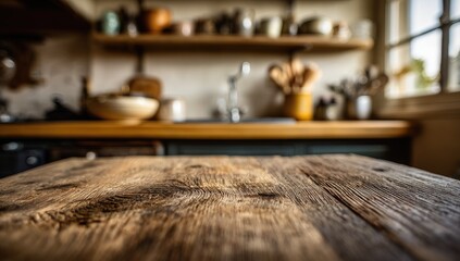 Rustic kitchen table top, wooden shelves blurred background