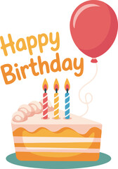 Festive birthday cake slice with candles and balloon.