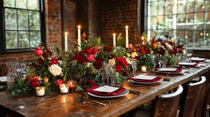 Rustic, elegant dinner table setting with a rich burgundy and cream color palette.  Large, long wooden table adorned with floral arrangements, candles, and place settings