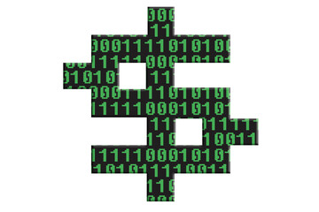 Digital composite. Dollar symbol with an overlay of a series of one’s and zero’s in a computer style font denoting binary code. 

