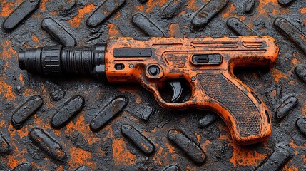 Rusty orange firearm-like tool on a metal surface