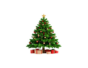 Christmas tree decorated with red and gold ornaments, balls and stars, surrounded by gift boxes and wrapped presents isolated on white background