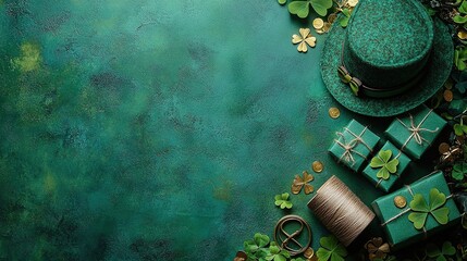 Saint Patrick's Day concept. Top view photo of leprechaun hat, present boxes, spool of twine