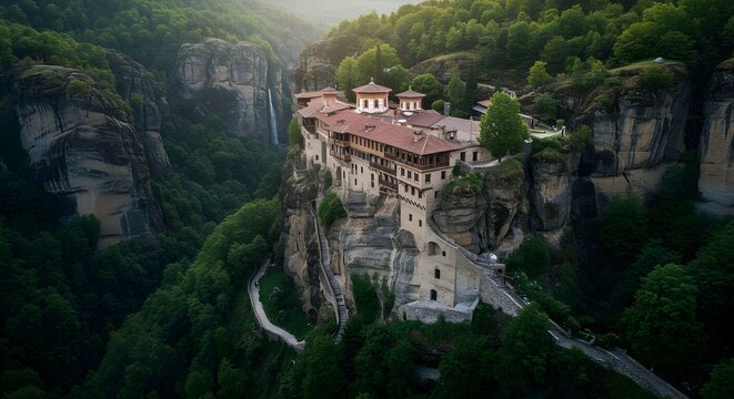 Sumela Monastery hanging on a cliff, now a gravity-defying meditation retreat with levitating stairs