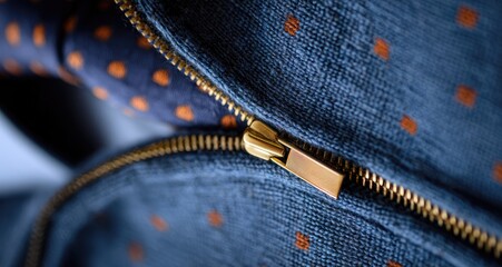 Close-up of a navy blue jacket zipper with orange polka dots, and a patterned tie