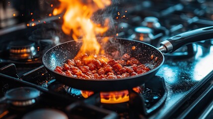Small, intensely-cooked pieces of food are searing in a hot pan