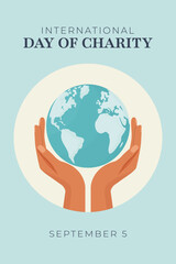Charity Day Poster with Hands Holding Earth in Flat Minimal Style.