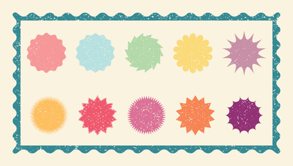 Colorful badge label starburst shapes with grunge texture for promo, sale, price offer badge sticker