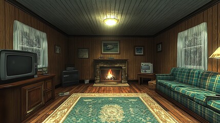 Small, cozy living room with wood paneling, a fireplace, and vintage furniture