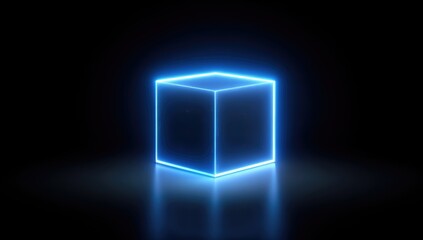 Neon blue cube on dark reflective surface (2)