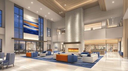 Spacious, modern community center with comfortable seating areas, a fireplace, and large windows showcasing the outdoors
