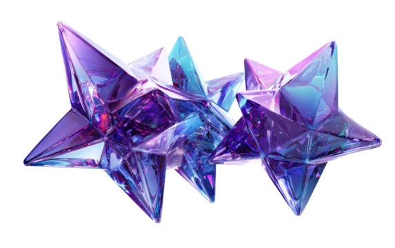 Three stylized, iridescent stars, purple and teal, overlap and blend.  Geometric shapes