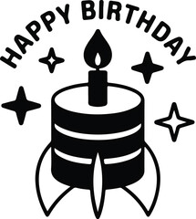 Black and white birthday cake illustration with burning candle and celebratory stars.