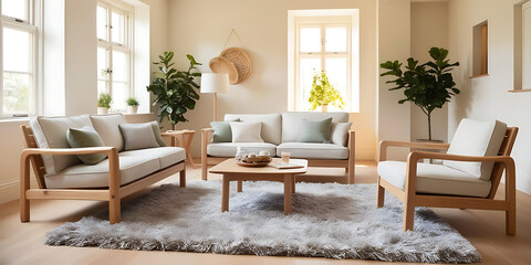 Bright Airy Living Room with Light Wood Furniture and Soft Natural Light
