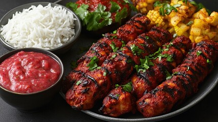 Spicy chicken skewers with rice and sauce