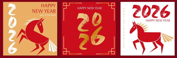 Stylized square posters or greeting cards set with horse. Minimalist symbol of 2026 Chinese New Year celebration. Year of the horse. Vector illustration